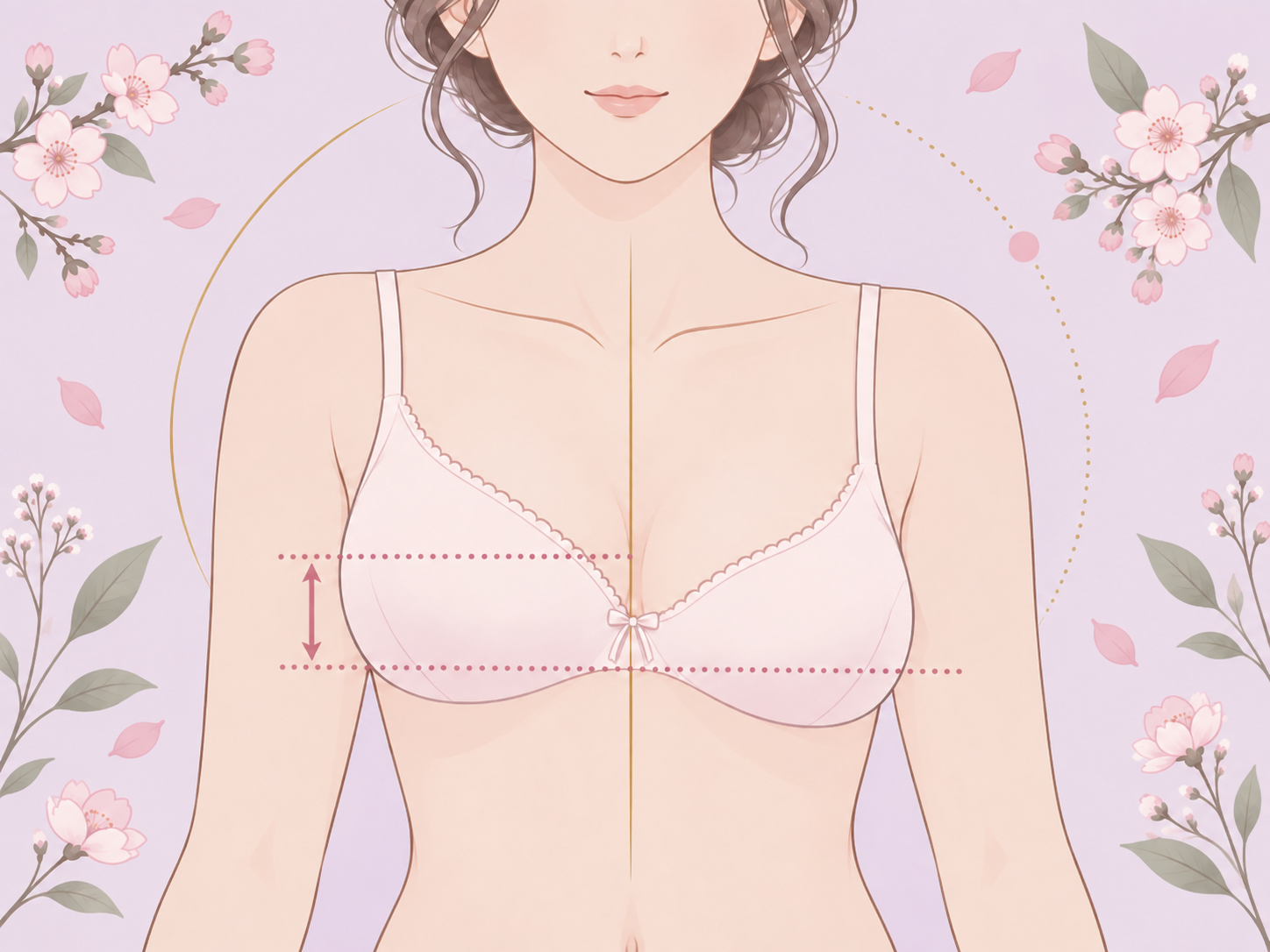 짝가슴 교정 설명 — 좌우 높이 차이를 점선과 화살표로 표시한 비대칭 설명 그림