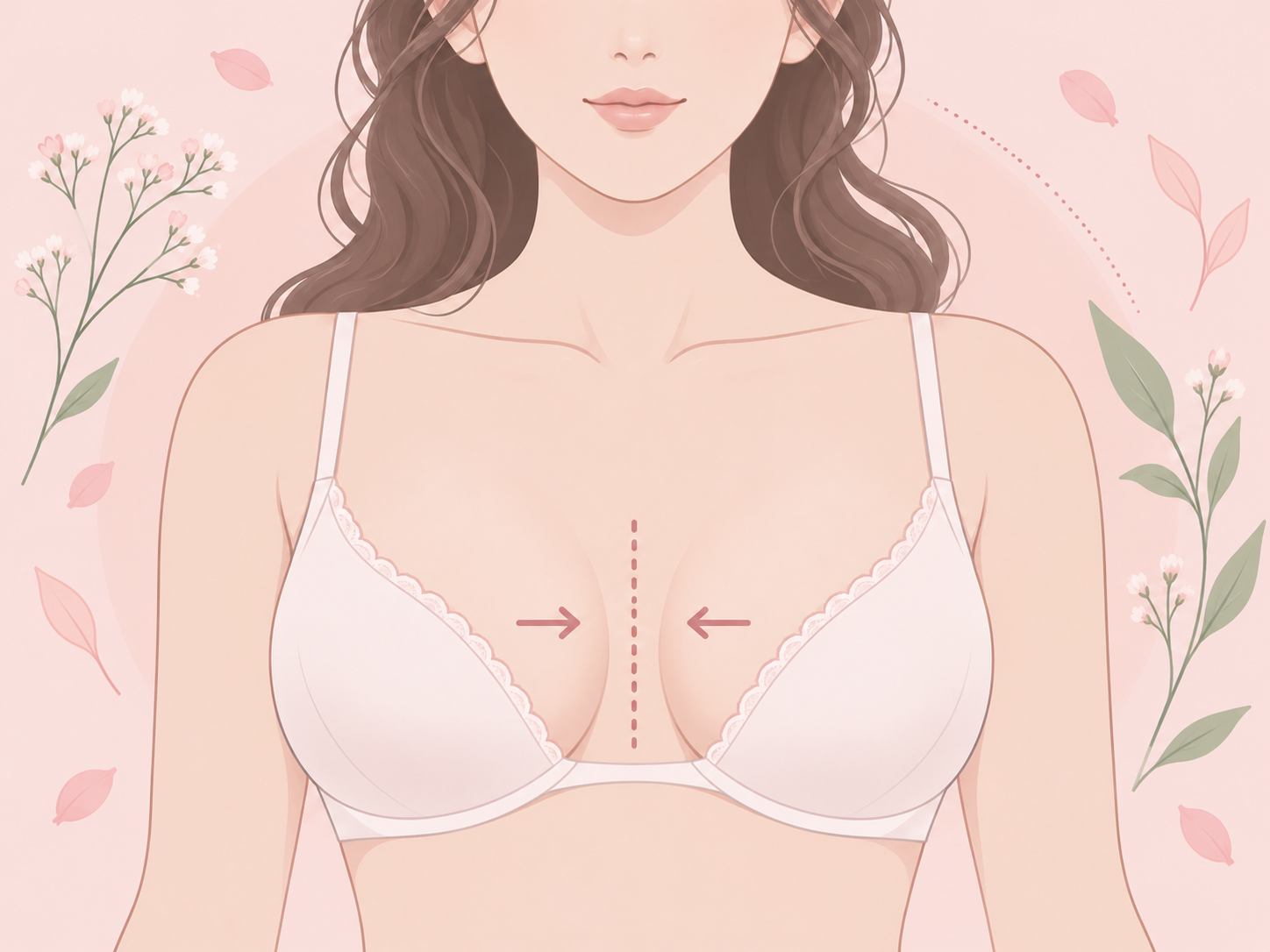벌어진 가슴 설명 — 가슴 사이 간격과 중앙을 향하는 화살표를 표시한 설명 그림