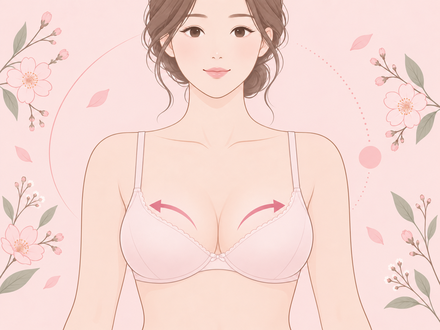 몰린 가슴 설명 — 중앙으로 몰린 라인과 바깥을 향하는 화살표를 표시한 설명 그림