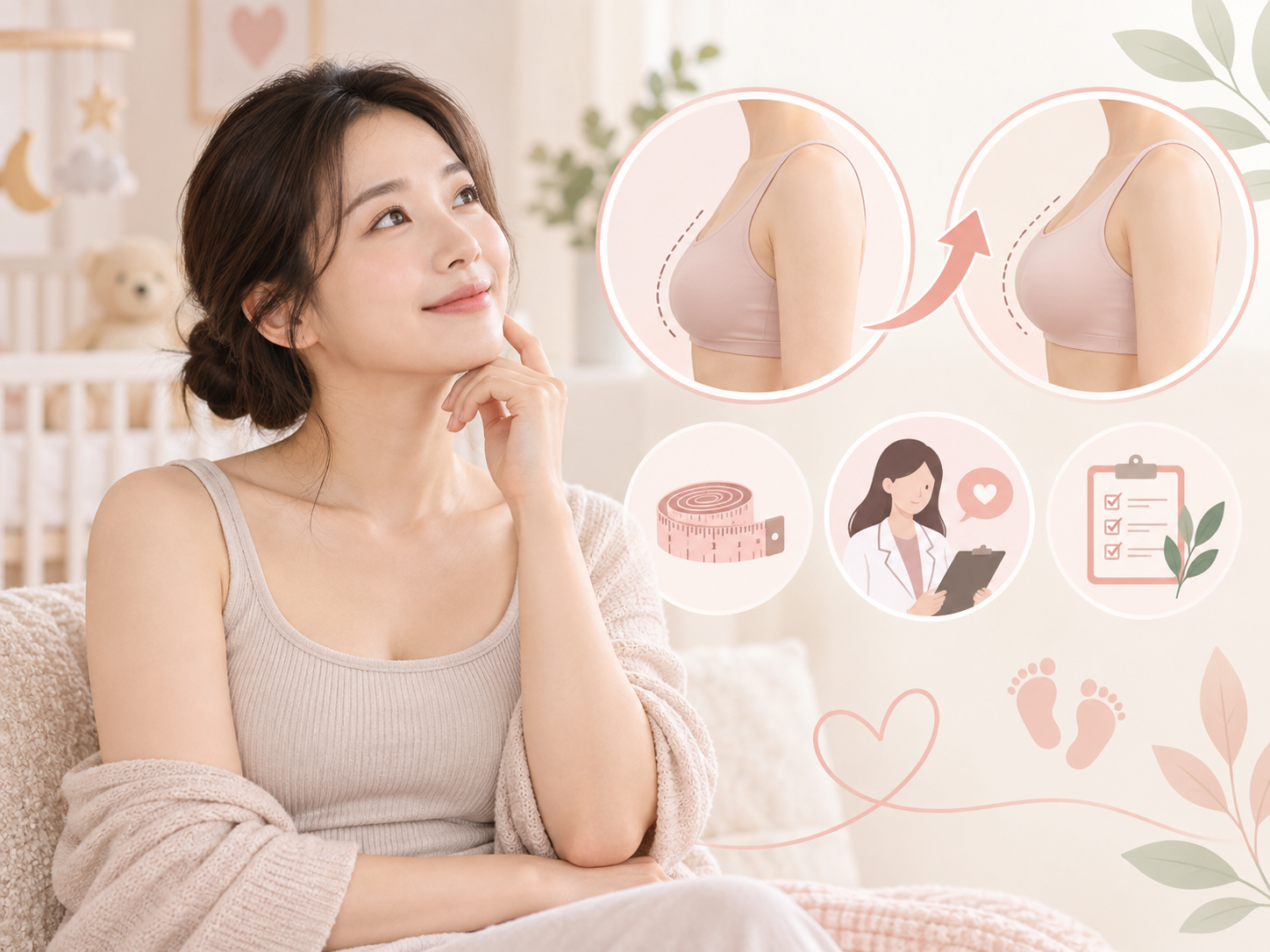 수유 후 가슴 설명 — 수유하는 여성 실루엣과 물방울 아이콘으로 수유기를 표현한 그림