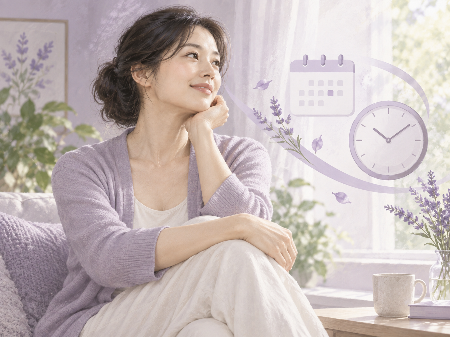 갱년기 가슴 변화 설명 — 창가에 앉은 여성과 달력·시계 아이콘으로 시기 변화를 표현한 그림