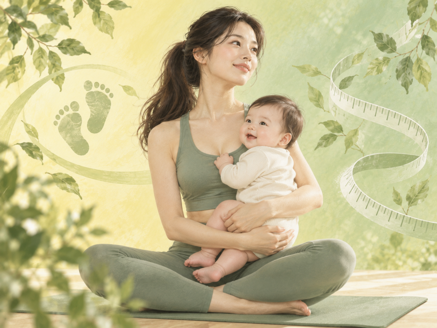 출산과 다이어트 후 가슴 설명 — 아기를 안은 여성과 발자국·줄자 아이콘을 함께 배치한 그림
